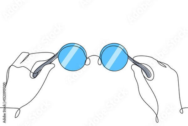 Fototapeta Human hands holding round blue glasses close up - one line art vector. round round glasses frame with colored lenses
