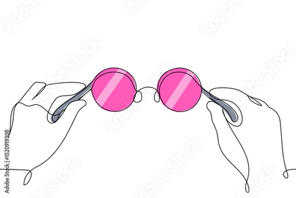 Fototapeta Human hands holding round pink glasses close-up - one line art vector. concept of looking at the world through rose-colored glasses, life in pink