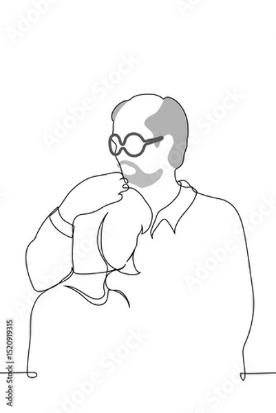 Fototapeta Mature father hugs adult daughter - one line art vector. concept gray-haired mustachioed and bearded man with a receding hairline and glasses presses an adult woman's head to his chest