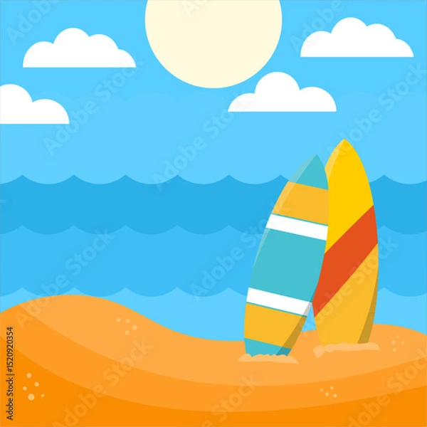 Obraz Two surfboards stuck in beachside sand,
with waves, clouds, and bright sun,
flat art design style.