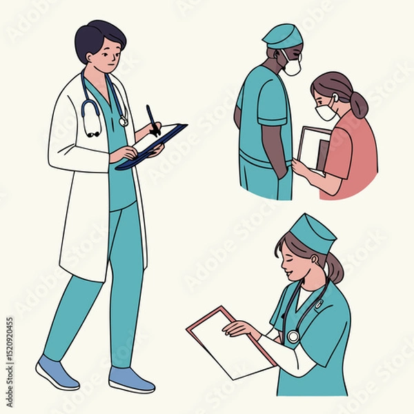 Fototapeta Medical Professionals at Work: An illustration capturing doctors and nurses in action. The image showcases various scenarios of medical personnel. 