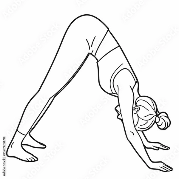 Fototapeta Downward-Facing Dog Pose: A line art illustration captures a woman in the Downward-Facing Dog pose, showcasing the fluidity and balance of yoga.
