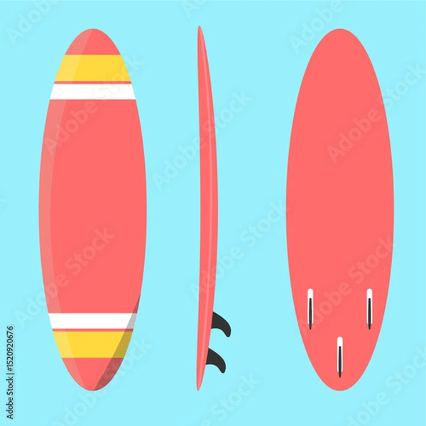 Obraz Red surfboard shown from three angles,
front, side, and back with smooth curves,
flat art design style.