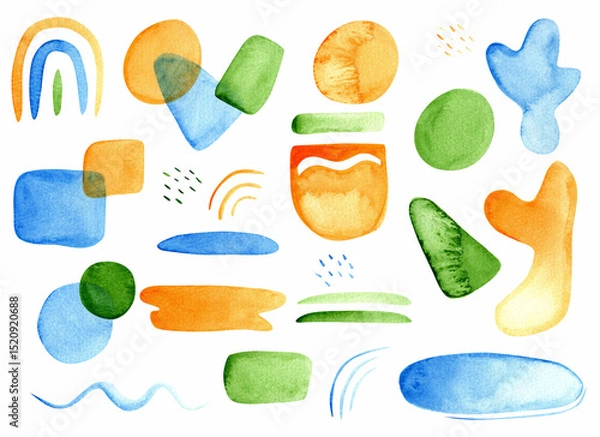 Obraz Bright abstract watercolor shapes set in blue, green, orange. Hand painted modern geometric and organic elements. Perfect for kids design, posters, scrapbooking, digital paper and branding