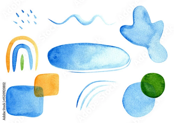Obraz A collection of blue abstract watercolor shapes. Hand painted vibrant minimalist elements with organic shapes and brush strokes. Perfect for modern design, branding, posters, cards and kids projects