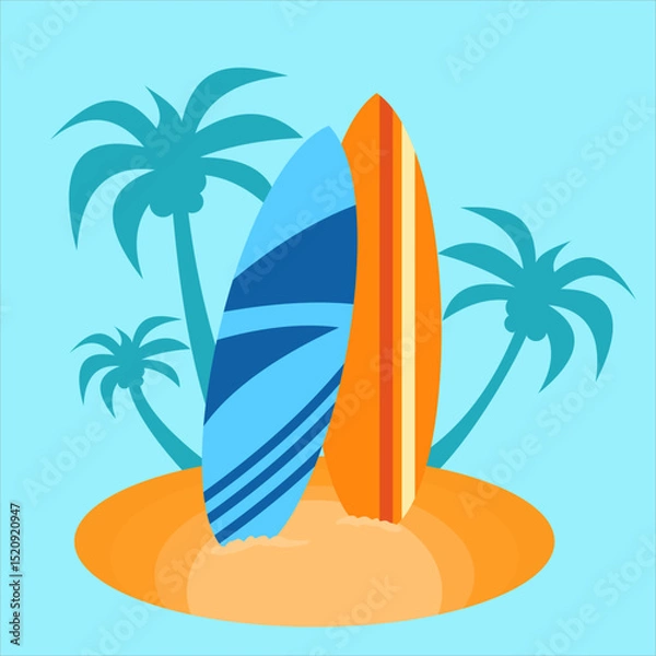 Obraz Two surfboards placed on the beach edge,
with tall coconut tree silhouettes behind,
flat art design style.