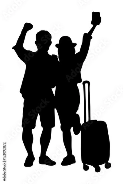Fototapeta Silhouette of couple people walking with suitcase, luggage. Summer vacation and travel concept. Flat vector illustration isolated on transparent background.