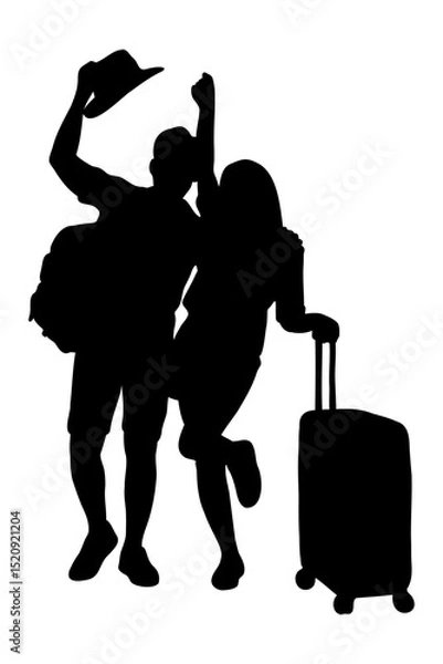 Fototapeta Silhouette of couple people walking with suitcase, luggage. Summer vacation and travel concept. Flat vector illustration isolated on transparent background.