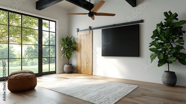 Fototapeta A cozy farmhouse inspired living space with rustic wooden beams and large