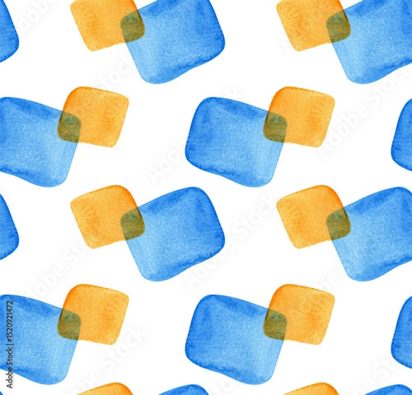 Obraz Seamless pattern with abstract watercolor square shapes. Hand painted bright geometric elements in orange and blue. Modern design for background, fabric, wallpaper, wrapping paper, digital prints