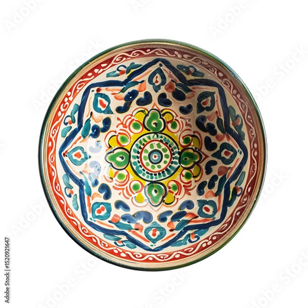 Fototapeta Top View Of A Colorful Ceramic Bowl With An Intricate Floral Pattern Against White Background. Handmade Craftwork For Home Decor.