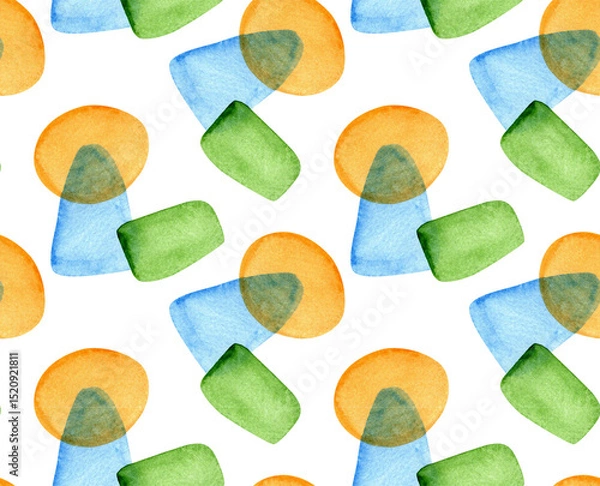 Obraz Seamless pattern with abstract watercolor shapes. Hand painted bright geometric elements in orange, blue and green. Fun modern design for kids, fabric, wallpaper, wrapping paper, digital prints