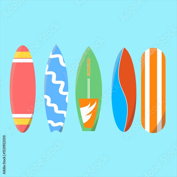 Fototapeta Beach surfboards with unique shapes and models,
bright and vibrant color combinations,
flat art design style.