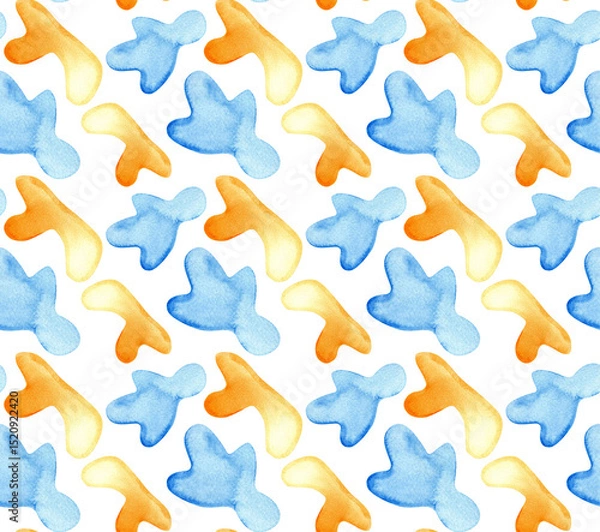 Obraz Seamless pattern with abstract watercolor shapes in blue and orange. Hand painted bright geometric elements. Modern design for background, fabric, wallpaper, wrapping paper, digital prints