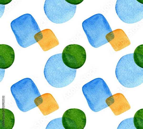Obraz Seamless pattern with abstract watercolor shapes in circles and squares. Hand painted colorful geometric elements. Modern design for background, fabric, wallpaper, wrapping paper, digital prints