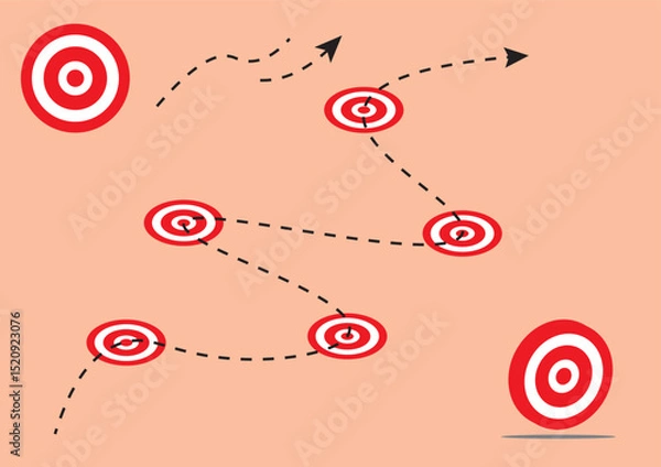 Fototapeta Strategic Trajectory Arrows trace a clear path towards a bullseye, highlighting goals and the journey to success. A vivid depiction of strategic planning, focus, and goal-oriented approach.