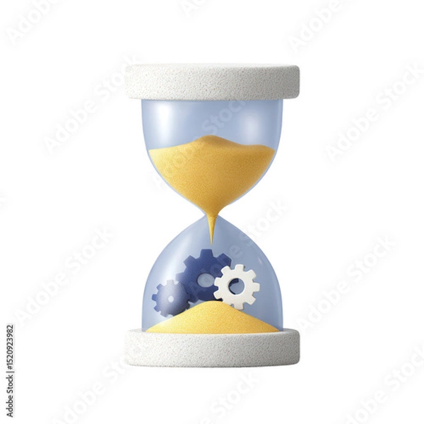 Fototapeta An hourglass with yellow sand and three interlocking gears inside the lower chamber.