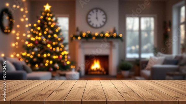 Fototapeta Festive living room backdrop with empty wooden table in foreground, Christmas atmosphere for holiday and gatherings