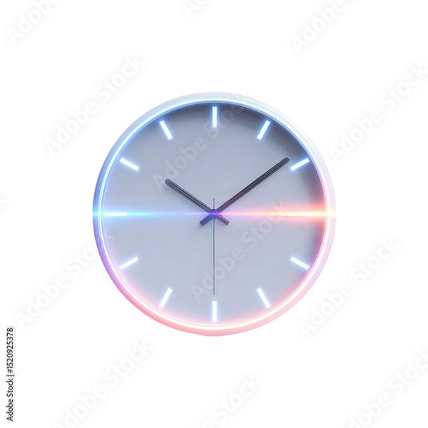 Fototapeta Modern round wall clock with glowing blue and red accents and minimalistic hour markers.