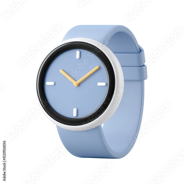 Fototapeta Minimalist blue wristwatch with a round face, yellow hands, and simple hour markers.