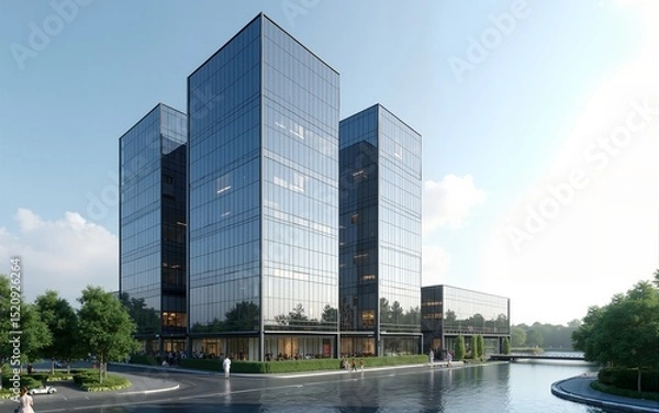 Fototapeta 3d rendering of modern architecture, Skyscraper corporate office building with glass window. High quality