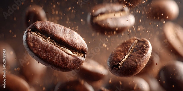 Fototapeta Roasted Coffee Beans Floating with Ground Dust