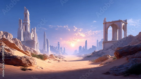 Fototapeta Fantasy desert city in ruins, half-buried in sand after a devastating elemental war