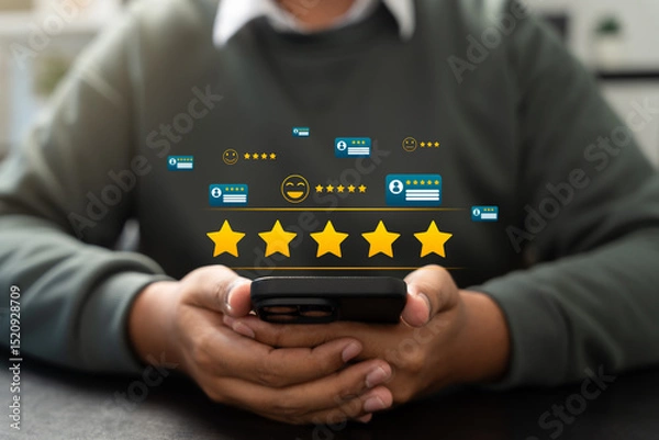 Fototapeta Online customer satisfaction Survey service concept, client rate service from experience in application,Consumer give five-Stars and feedback review for quality, Business reputation ranking from buyer