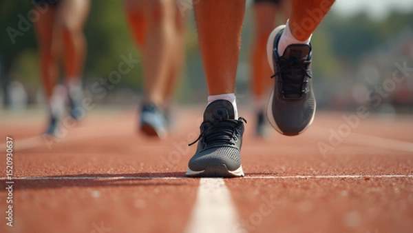 Obraz Starting block in a foot race. Readiness and focus in sprinting. Ultra realistic foot race preparation. Mindset for competitive racing success.