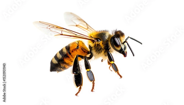 Fototapeta A detailed bee with intricate wings and distinct yellow and black stripes, showcasing its features and anatomy