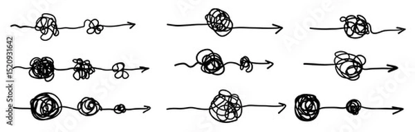 Fototapeta Chaos clarity arrow wire thread doodle sketch set. Hand drawn swirl way line solving trouble, problem collection, solution thread.
