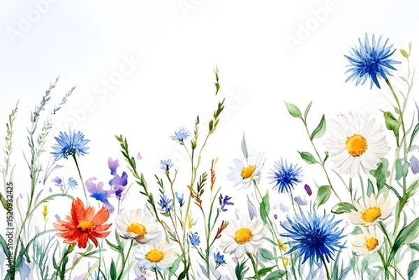 Obraz Watercolor wildflowers, daisies, and blue thistles with grasses on the right side of the page, white background, no shadow