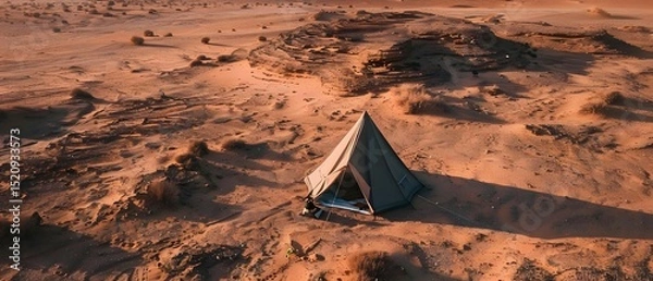 Fototapeta A serene desert campsite with a tent set against a vast sandy landscape during sunset