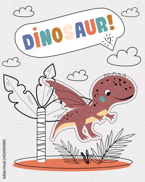 Fototapeta Dinosaur vector funny card. Children's card with cute flying dinosaurs in line style. Dino baby color illustration in naive style