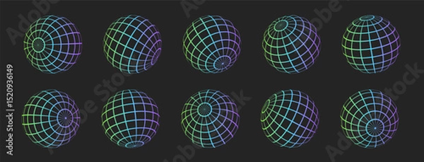 Fototapeta 3D wireframes of spheres. Set of globes in various positions. Balls with a grid in brutalist style