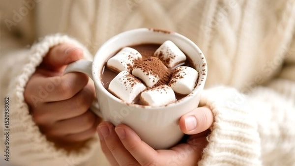 Fototapeta Photo of Hands holding a cup of hot chocolate with marshmallows and cocoa powder on top in a cozy winter setting