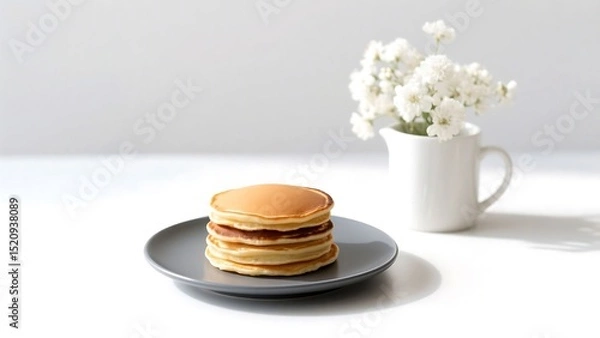 Fototapeta Photo of Stack of pancakes isolated on white background, served on a gray plate with white flowers in the background.