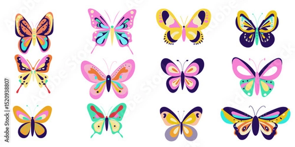 Fototapeta Trendy groovy butterfly set isolated, bright color, for stickers, element design