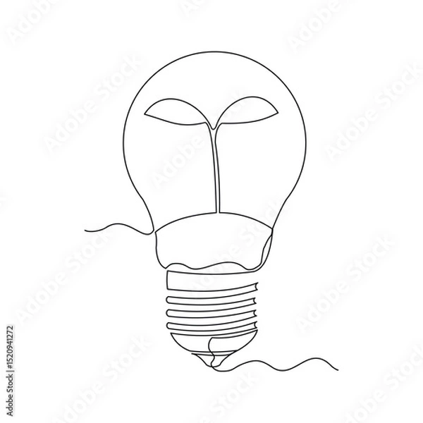 Fototapeta Continuous line drawing of light bulb with sprout seed plant growth. Green electric energy sketch art editable stroke vector illustration