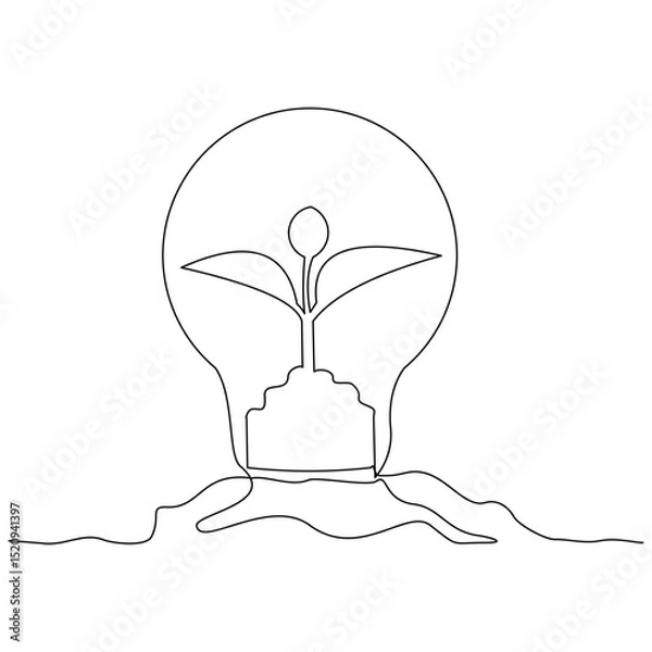 Fototapeta Continuous line drawing of light bulb with sprout seed plant growth. Green electric energy sketch art editable stroke vector illustration