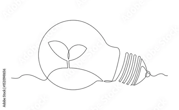 Fototapeta Continuous line drawing of light bulb with sprout seed plant growth. Green electric energy sketch art editable stroke vector illustration