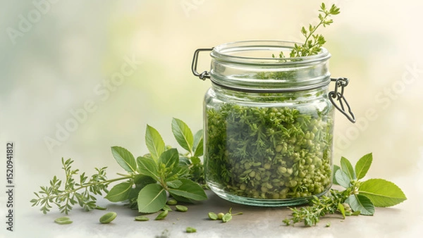 Obraz Watercolor effect photography with herbs. Capture ultra-realistic images in a jar of water. Creative photography tips for beginners. Stunning herb photography ideas.