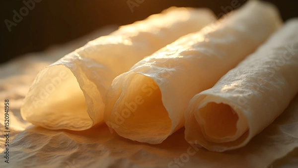 Obraz Backlighting Techniques for Rice Paper Rolls. Enhance Translucence with Light. Ultra Realistic Food Photography Tips. Creative Lighting Ideas for Spring Rolls.