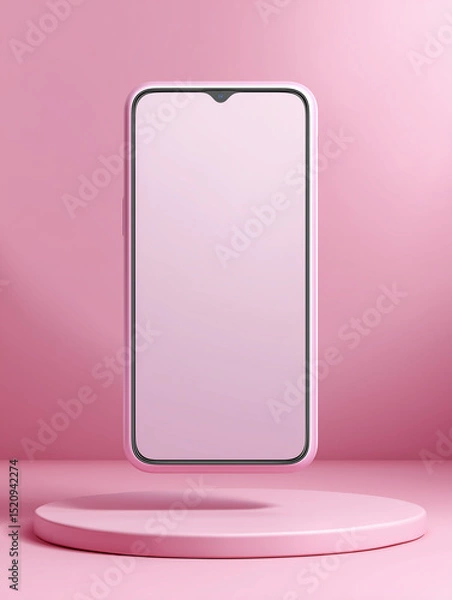 Fototapeta Pink smartphone mockup on a pink pedestal against a pink background.