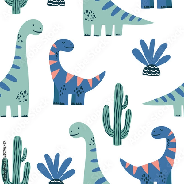 Obraz Seamless vector pattern with cute dinosaurs in a whimsical children’s style on a white background. Ideal for kids’ fabric, nursery decor, baby clothes, wrapping paper, and playful designs.