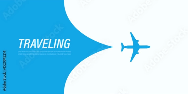 Fototapeta An Airplane Silhouette Opens Up the Translucent Cover Background Over the Text: Traveling. Blue Template Banner for Trip to Abroad or Vacation Web Ads. Discovering Around the World Travel Concept