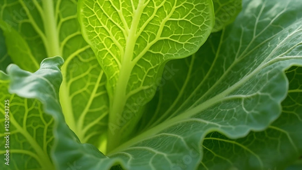 Obraz Veins and folds in cabbage leaves. Ultra realistic cabbage leaf textures. Anatomy of cabbage leaf structure. Cabbage leaf surface details and patterns.