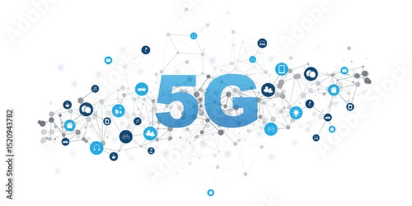 Fototapeta An illustration of 5G wireless network technology and Internet of Things (IoT), featuring a global network background, connected smart devices, and icons for mobility, communication and automation