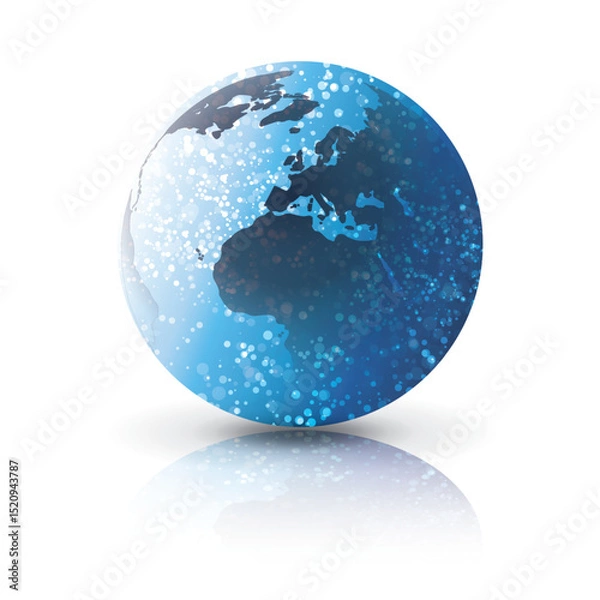 Fototapeta A stylized globe vector with glowing white dots and a subtle blue gradient on a white background. The Earth map design suggests global connectivity, data exchange, and digital communication.