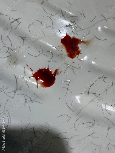 Fototapeta red blood splash on the wite background, arounded with the hairs